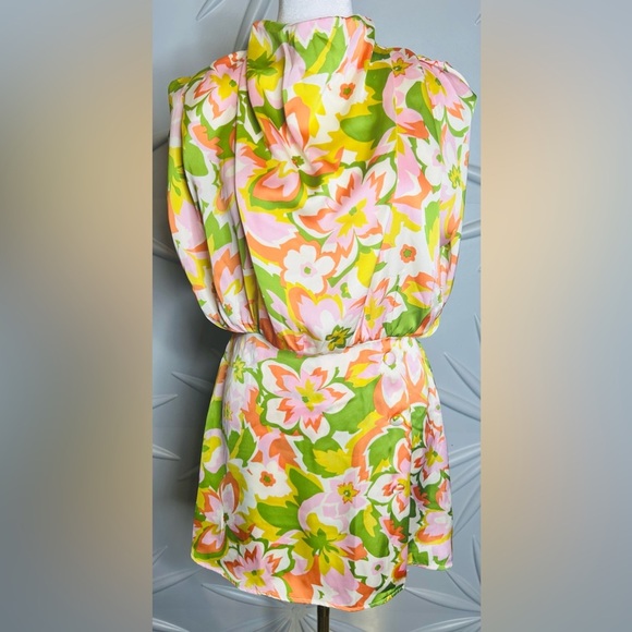Karlie SZ M orange, green, pink & white romper with drape neck, waist 28”-30”. - Picture 4 of 6
